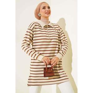 Túnica larga a rayas con cremallera, Cuello de camisa, gasa marrón transpirable, tejido de algodón, talla libre de poliéster, talla única para primavera - Product Image 4