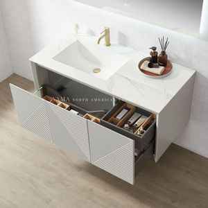 Meuble-lavabo mural personnalisé en contreplaqué gris <span class=keywords><strong>Paris</strong></span> avec plan de travail en pierre pour salle de bain - Product Image 5