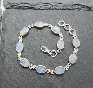 White Rainbow Moonstone 925 <b>Silver</b> 10 Stone Adjustable <b>Bracelet</b> Handmade Gemstone Jewelry Gift For Women - Product Image 1