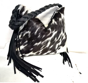 Sac fourre-tout en cuir de vachette marron et blanc fait à la main sac à bandoulière pour femme à la mode avec sac en cuir naturel à poils - Product Image 4