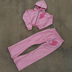 Custom Logo Embroidery 100% Cotton Eco-Friendly <b>Men</b> 2-Piece Set Zip Solid Color Crop <b>Top</b> Tracksuit Rhinestone Hoodie Flare - Product Image 2