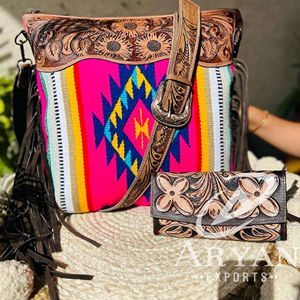New Bohemian Hand Tooled Leather Saddle Blanket <b>Tassel</b> <b>Handbag</b> Stylish Hand Carving Leather Floral Wallet Combo Set for Women's - Product Image 1