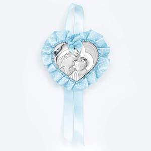 Plaque religieuse estampillée en forme de cœur, plaquée argent, avec ruban à pois bleus, ornement de Noël - Product Image 1