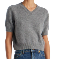 Pull en cachemire à col en V à manches courtes, tricoté uni, personnalisé en gros pour femmes