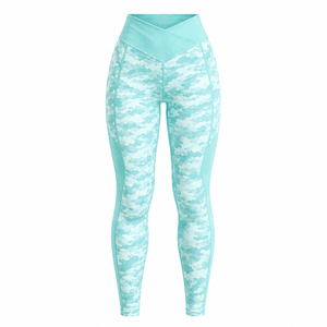 Conjunto de Top de Manga Larga para Mujer con Estampado por Sublimación de Poliéster y Cierre Cruzado, con Leggings de Cintura Alta y Efecto Scrunch para Sentadillas - Product Image 1