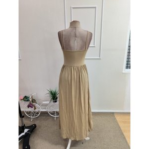 Women's Strappy Round Neck Long <b>Viscose</b> <b>Dress</b> with Front Slit and Pocket Detail, 35194 - Beige - Product Image 5