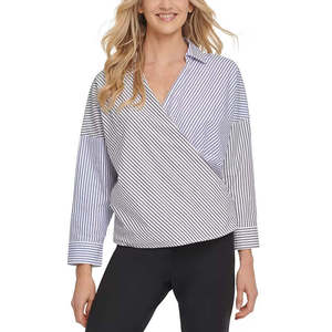 Top Avvolgente a Righe in Cotone Bianco da Donna DKNY, in Popeline Lavorato a Maglia, Formale e Casual, Vintage, Taglia XL per Estate e Autunno - Product Image 1