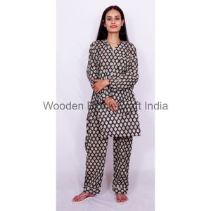 High Quality Indian Cotton Lace Pajama Set Women Digital Printed Floral Soft Sleepwear Comfort Night Partywear 3-Piece Set - Product Image 5