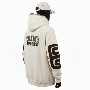 Sweat à capuche pour homme en coton brossé de qualité supérieure, mélange de polaire, ton crème, broderie chenille, logo clouté, sweat-shirts basiques pour homme - Product Image 5