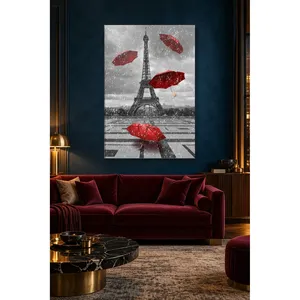 Impression sur toile de la Tour Eiffel noire et blanche de Fida et d'ombrelles rouges volantes - Product Image 1