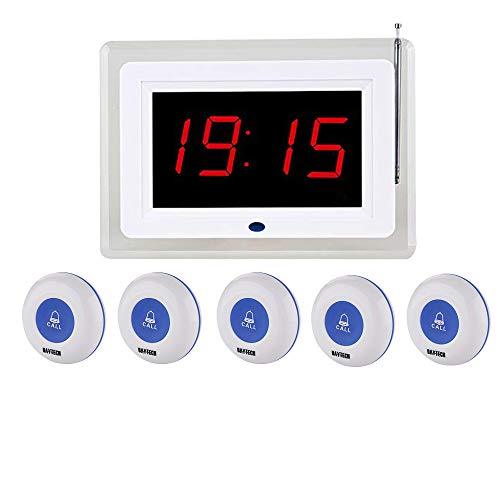 1 Receiver 5 Waterproof Transmitter Button Hospital & Restaurant Wireless Waiter Pager System with 12V Battery Included