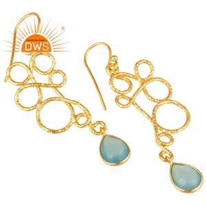 Meilleure vente en argent sterling plaqué or 18 carats naturel Aqua calcédoine pierres précieuses balancent boucle d'oreille Demi bijoux fins pour les femmes - Product Image 2