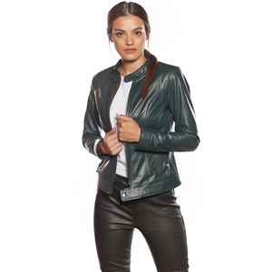 Chaqueta de cuero verde genuino para mujer de alta calidad, chaqueta de cuero de invierno para mujer, chaqueta de motorista genuina - Product Image 1