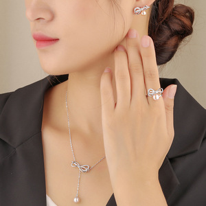 S925 Sterling Silver Freshwater Pearl Set with Zircon <b>Bow</b> Creative DIY Accessories Wholesale Women's Jewelry - Product Image 2
