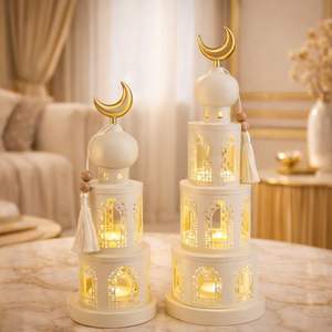 Juego de Faroles de Torre en Forma de Media Luna de Metal Blanco de Lujo con Diseño en Capas, Tallado Intrincado, Brillo Cálido, Ideal para Decoración Festiva - Product Image 2