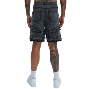 <b>Mens</b> <b>Black</b> Washed Denim <b>Shorts</b> Heavy Distressed Frayed Layered Detail Casual Streetwear Relaxed Fit Summer Fashion 100% Cotton - Product Image 2