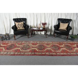 Alfombra clásica de lana rojo Beige 3,4X13,4 pies estilo Kilim área grande alfombras rectangulares turcas respaldo de látex para pasillo 10mm de espesor - Product Image 2
