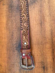 Gran oferta, hebilla de Metal grabada, cinturón de cuero genuino marrón oscuro, cinturones de girasol con herramientas de cuero de grano completo Unisex occidental Premium - Product Image 4