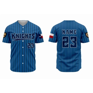 Maillot de baseball Knights pour homme, bleu rayé, sublimé, anti-humidité, manches courtes, uniforme adulte, col en V, boutons sur le devant - Product Image 1