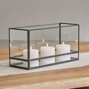 Modern Black Metal Emoldurado Vidro Transparente Multi-Forma Chá Luz Castiçais Lanternas & Frascos De Vela Para Casa E Decoração De Jardim