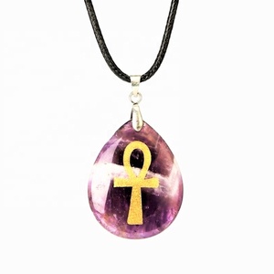 Amethyst Natural Stones Engraved Ankh Cross Pendant Necklace Women Cross Orthodox Reiki Gift Egyptian Style Religious Jewelry - Product Image 1