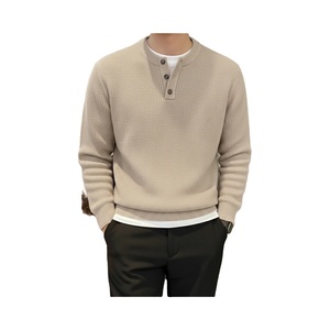 Tendance hommes épais pull tricoté Henley col rond conception extensible doux et luxueux coton tissu hommes pull décontracté - Product Image 1