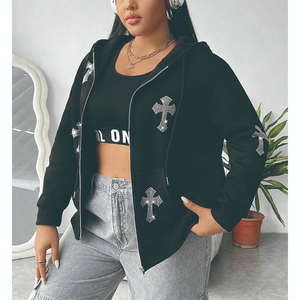 Custom Loose Fit Zip up Plus Rhinestone Cross <b>Pattern</b> Hoodie Drop Shoulder Drawstring Zipper <b>Women</b> Hoodie - Product Image 3