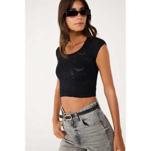 Top Corto Informal para Mujer con Encaje Negro, Mangas Cortas, Lentejuelas Bordadas en la Parte Delantera, Cuello Cuadrado, Tallas XS a XL para Otoño - Product Image 1