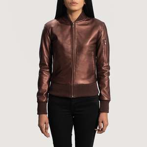 Reida Stand Collar Maroon Leather Bomber Jacket for Autumn - Product Image 1