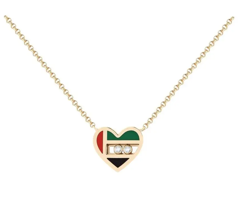 Uae National Flag Heart Shape Sliding Diamonds Gold Plated Chain Pendant Necklace Imitation Fashion Jewelry