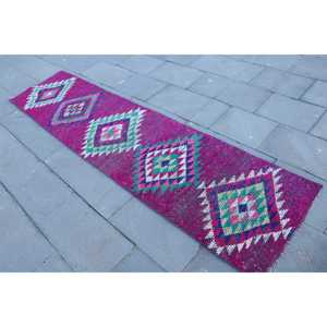 Vintage Rug, <b>Runner</b> 2.1x9.1 ft Turkish Rug, Pink <b>Green</b> Solid Wool Rug - Product Image 2