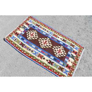 Alfombra Kilim de 2.8x4.6 pies, Alfombra Turca Vintage, Alfombra Floral Azul y Roja - Product Image 3