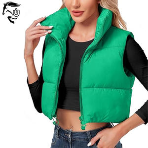 Top chaqueta recortada para mujer, chaleco acolchado, chaqueta verde de invierno sin mangas con cuello alto, cremallera bordada, patrón sólido, ligero - Product Image 1