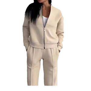 <b>Women's</b> New Fashion European American Style Zipper <b>Cardigan</b> Straight Pants Suit for Spring Solid - Product Image 5