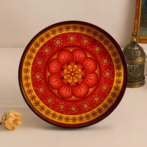 Plateau rond en laque MDF avec impression de mandala floral jaune rouge Plateau de service décoratif en bois fait à la main pour la maison et la cuisine - Product Image 3