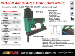 Pistolet à agrafes pneumatique APLUS 84/16LN, longueur des clous de 16 mm, alliage d'aluminium, capacité de 100 clous, certifié CE - Product Image 2