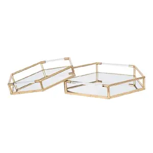 New Arrived Gold Plated Mirrored Glass Utensil Serving Tray Hexagonal Shape With Excellent Quality For Caffey Dessert Platter