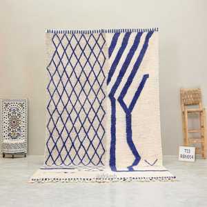 Tapis de couleur blanche avec motif de zigzag bleu Tapis de designer Motif d'impression de bloc de main Dhurries Tapis en coton 100% - Product Image 2