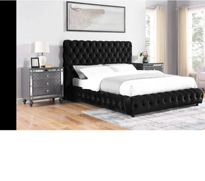 Cama Queen Contemporánea de 1 Pieza con Cabecera y Piecera Ajustables, Estilo Europeo, Tapizada en Negro, Muebles de Madera para Dormitorio - Product Image 1