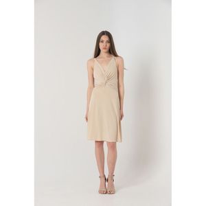 TOPSHOW Women's Elegant Taupe Spaghetti Strap V-Neck Knee-Length Dress, 100% Polyester Knitted Crepe Fabric - Product Image 4