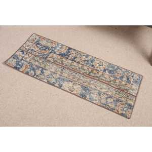 Alfombra Turca Vintage de Lana Ecológica de 1.5x3.4 pies, Diseño de Parches Azul y Marrón con Base de Látex - Product Image 2