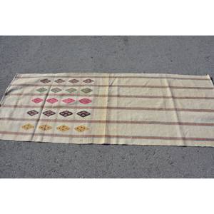 Modern <b>White</b> Vintage Turkish Rug 2.6 X 7 ft Boho Style Large Area Patchwork <b>Wool</b> Area for Entryway Rectangle Hallway Latex Rug - Product Image 3