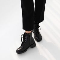 [JSHOE] sepatu bot pergelangan kaki renda kulit sapi asli buatan tangan untuk wanita tumit Chunky antiselip Walker 4.5cm buatan Korea