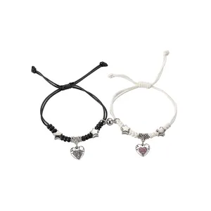 Wholesale Couple Bracelets Black and White Rope Woven Magnetic Bracelet Heart Charms Wrist Band for Women Men