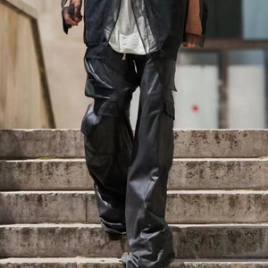 OEM Custom logo Leather Flared Pants Multi-pocket <b>Overalls</b> Unisex Trendy Loose Wide-leg Floor-length Trousers Flare Leather Pant - Product Image 4