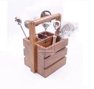 Ensemble de couverts en acier inoxydable avec poignée en bois pour décor de table de service avec porte-panier en bois avec pochette en cuir - Product Image 5