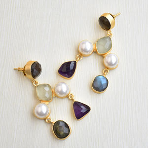 ต่างหูแฟชั่นทองเหลืองส่งออกดีไซน์เก๋สไตล์โบโฮประดับด้วยหินธรรมชาติมุกแท้ทองเหลืองโบราณ - Product Image 4