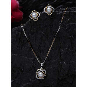 NOVAMART Fine 925 Sterling Silver Real <b>Pearl</b> Knot Pendant Earring Chain Fine <b>Jewelry</b> <b>Set</b> Gold Rhodium Plated Gift for Women and - Product Image 2