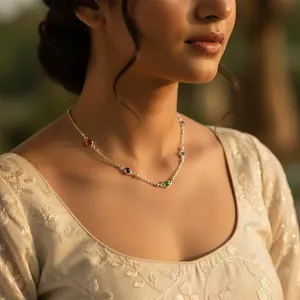 Collier Bohème en Alliage Plaqué Argent avec Pierre Naturelle Sertie, Chaîne à Maillons, Fermoir Sûr Hypoallergénique, Bijou Unisexe, Idéal Cadeau - Product Image 3