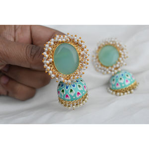 STATEMENT ROUND <b>COLOUR</b> GOLDPLATED DESIGNER HANDPAINTING BIG <b>STONE</b> STUD JHUMKA MATTE FINISHED EARING FOR WOMEN AND GIRLS - Product Image 1